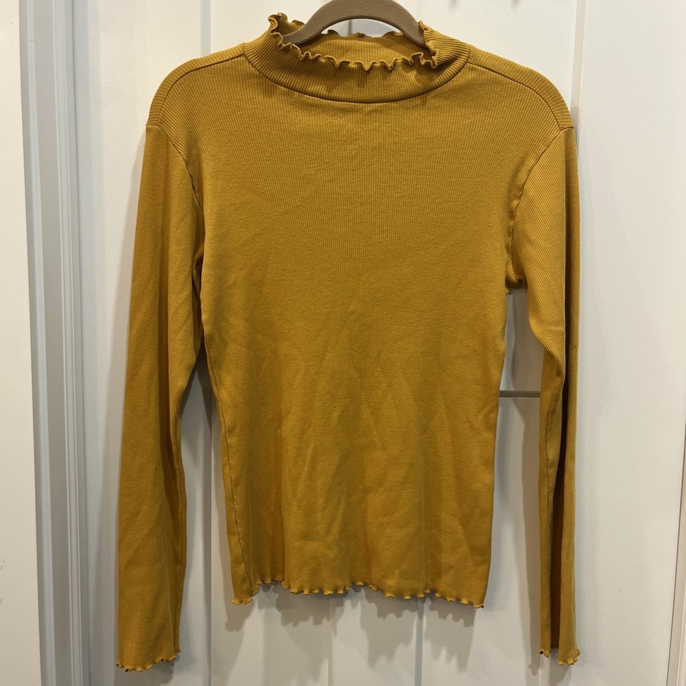 Sundance Women's Long Sleeve Mock Neck Ruffle Hem Thermal Tee Sz M Gold Yellow